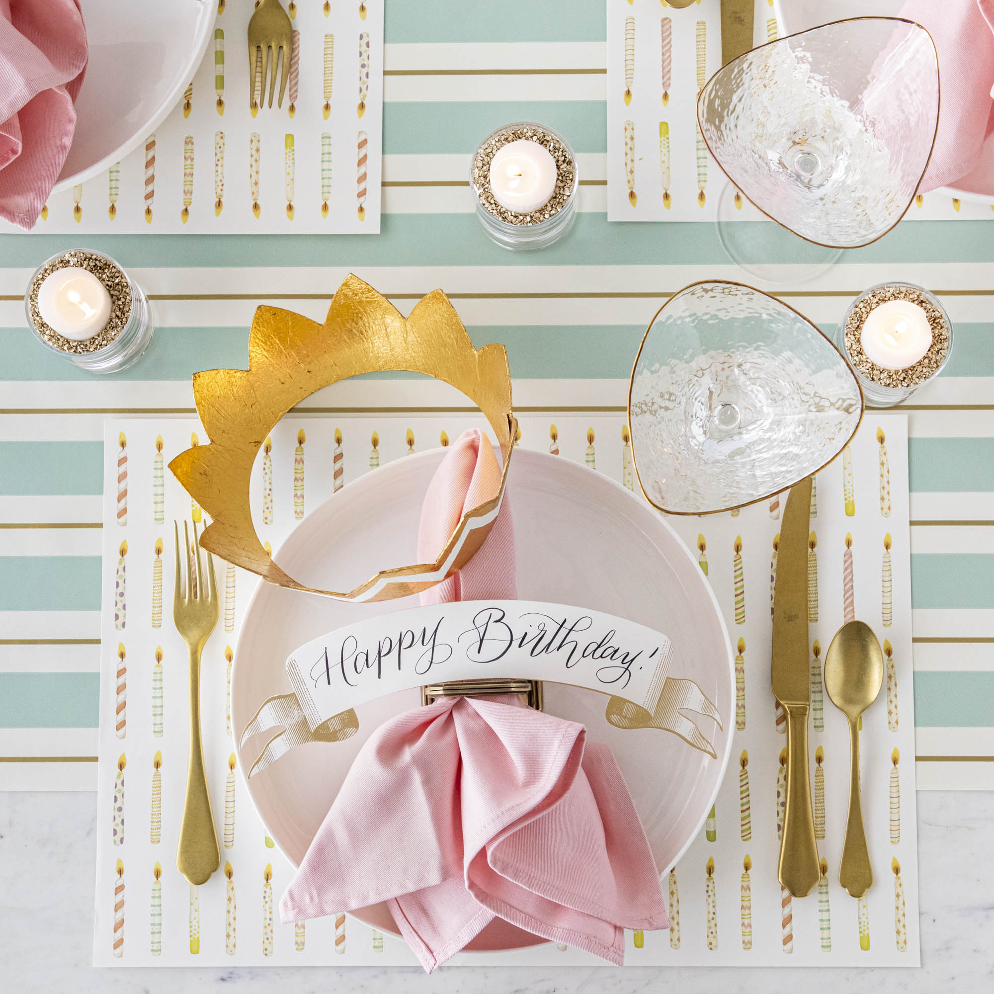 The Seafoam &amp; Gold Awning Stripe Runner under an elegant Birthday table setting, from above.
