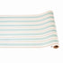 A runner with thick seafoam and white stripes running the length of the roll, with a thin gold line down the middle of each white stripe.