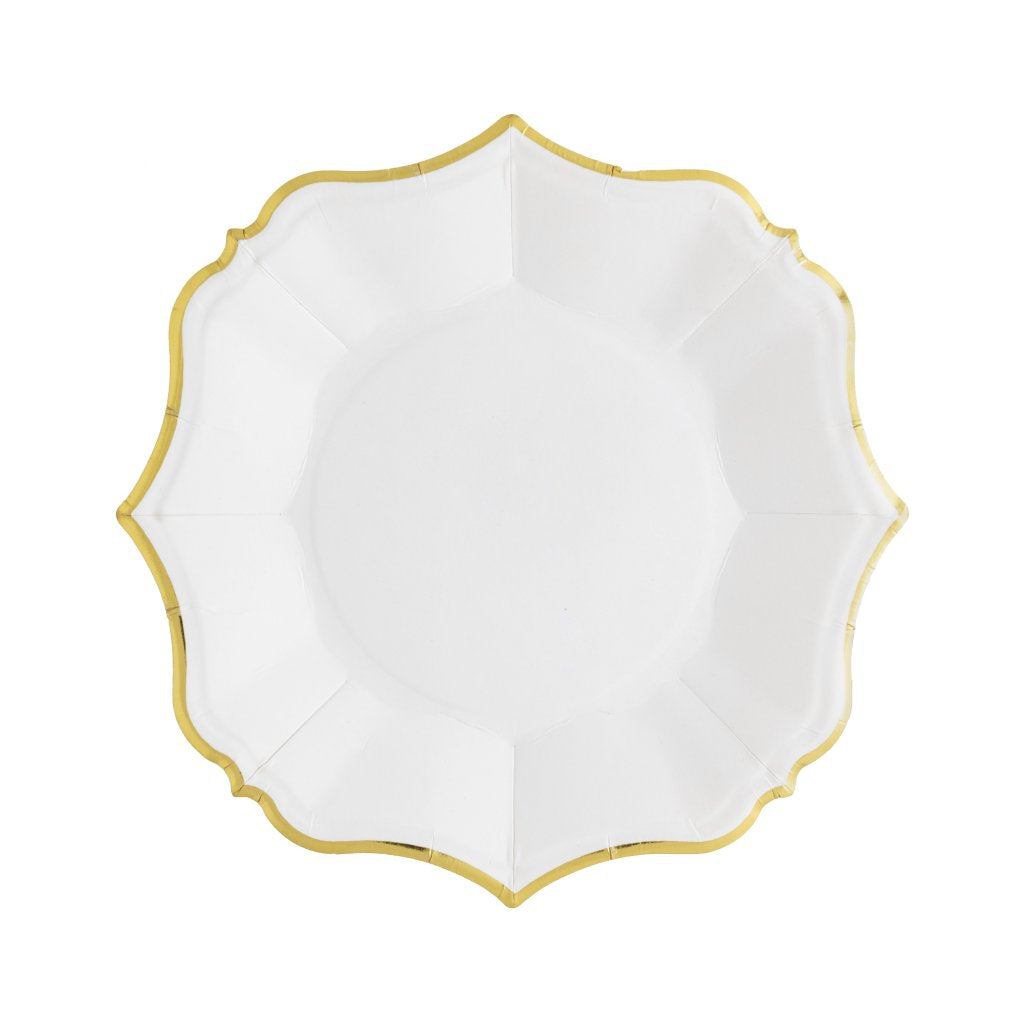 A White Scalloped Plates with Gold Rim by Eid Creations on a white background.
