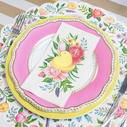 A Die-cut Sweet Garden Posey Placemat by Hester &amp; Cook, adorned with colorful blooms.