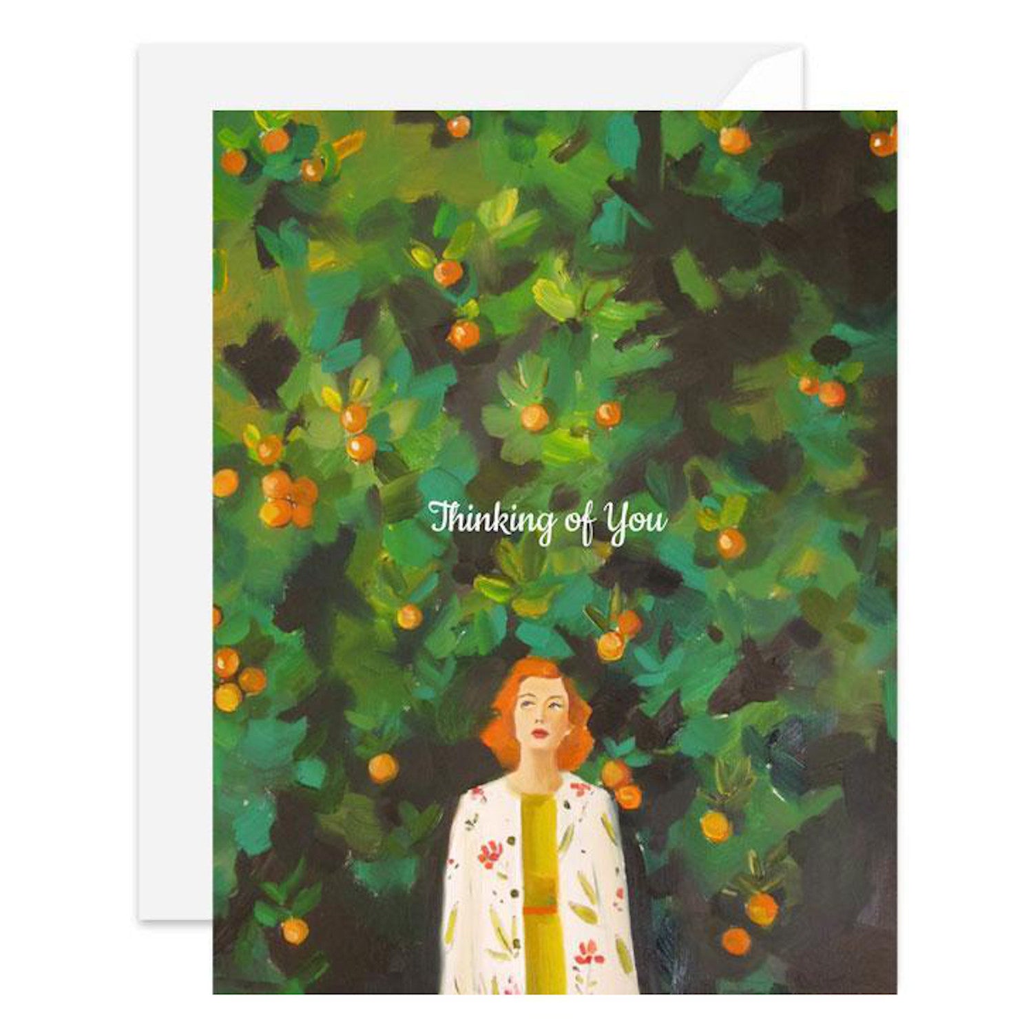 A Janet Hill Thinking of You Card featuring a woman among greenery with orange blooms and the words &quot;thinking of you&quot;, printed on recycled card stock.