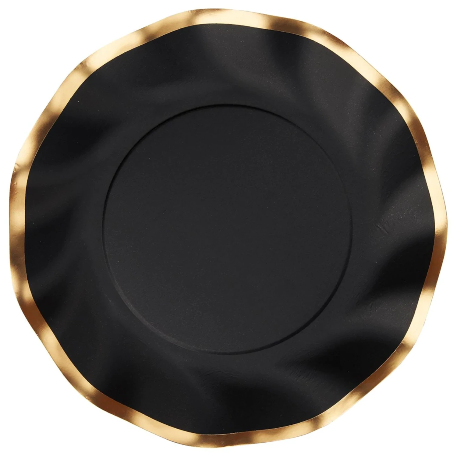Black Wavy Paper Plates with gold trim and ruffled edge by Sophistiplate.