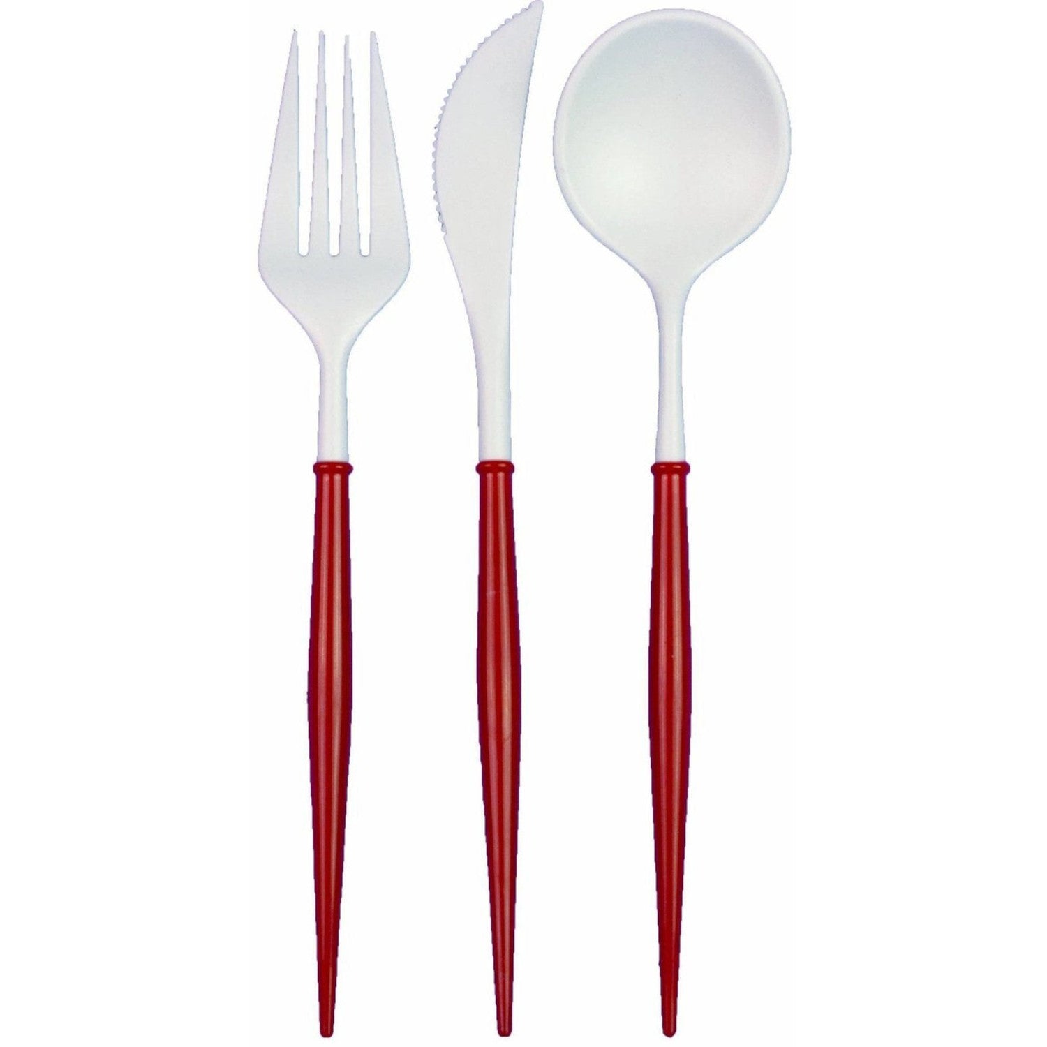 Set of Sophistiplate red-handled reusable plastic cutlery including a fork, knife, and spoon against a white background.