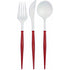 Set of Sophistiplate red-handled reusable plastic cutlery including a fork, knife, and spoon against a white background.