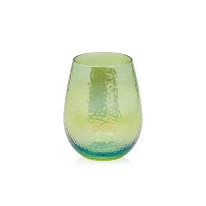 A Luster Stemless Glassware by Zodax, green and blue wine glass perfect for home drinks on a white background.