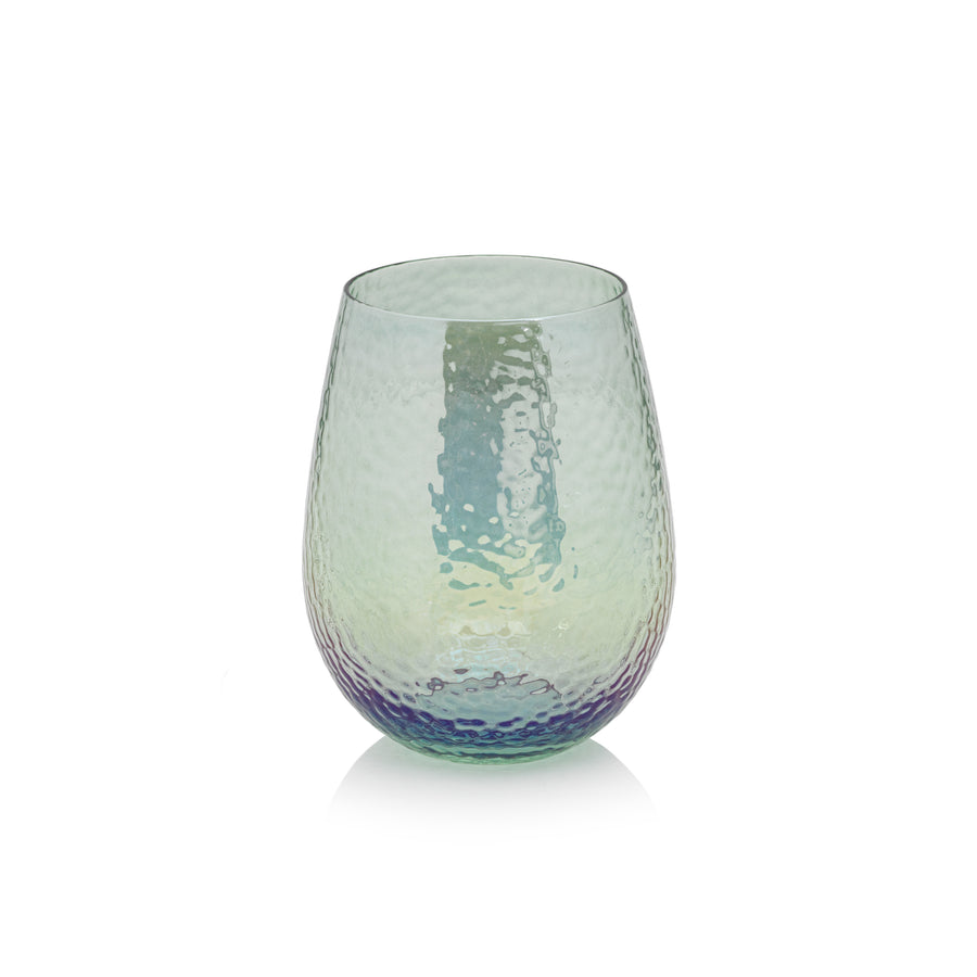 A vibrant Luster Stemless Glassware, perfect for serving drinks at home, with a mesmerizing green, blue, and purple color from Zodax.