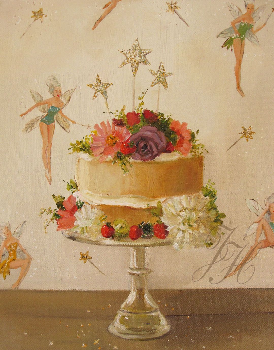 A Fairy Cake Small Art Print by Janet Hill, depicting a cake adorned with flowers and berries, encircled by illustrations of fairies and golden stars.