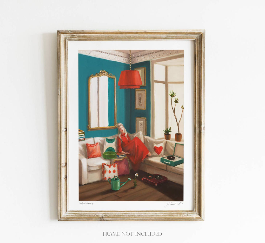 A fine art print of a stylish interior with a person lounging on a sofa, surrounded by modern decor and a large mirror on the wall, created using Janet Hill Ultrachrome archival inks.