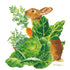A Cadbury Lunch Napkins from Paper Products Design featuring a handpainted watercolor illustration from Germany of a rabbit surrounded by vegetables like cabbage and carrots.