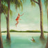 A Canadian fine artist captures a person jumping into the water from a rope swing with an alligator below, using Janet Hill&
