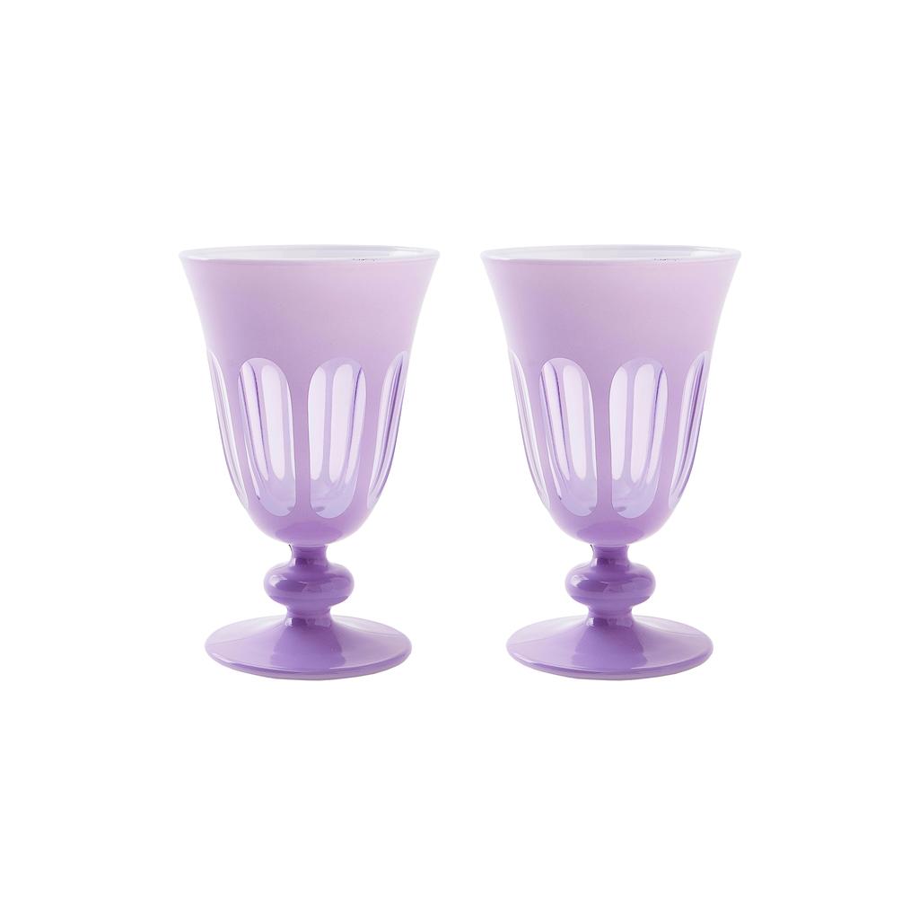 Two SIR/MADAM Rialto Lupine (Light Purple) drinking glasses on a white background.