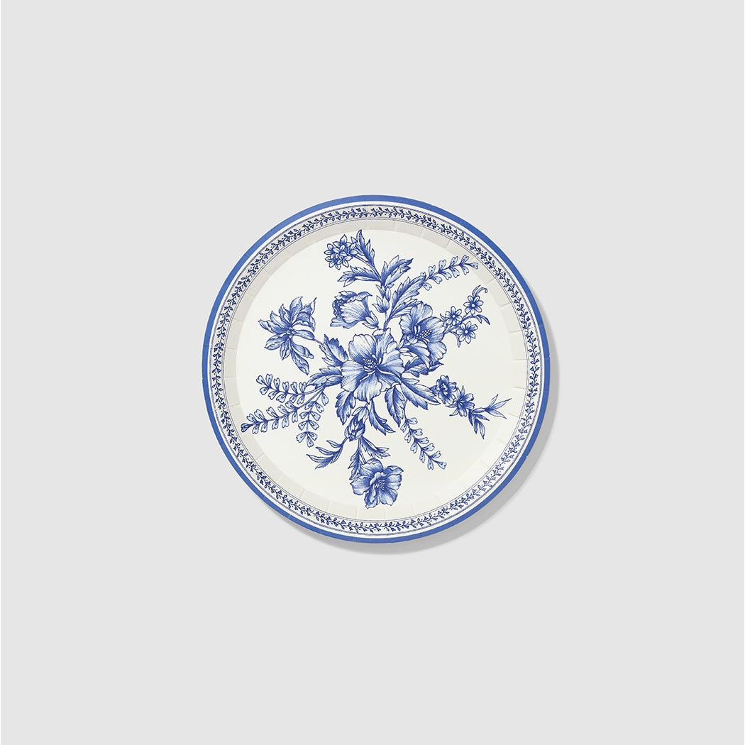 A Blue French Toile Paper Party Dinnerware set inspired by the French countryside, from Coterie Party Supplies.