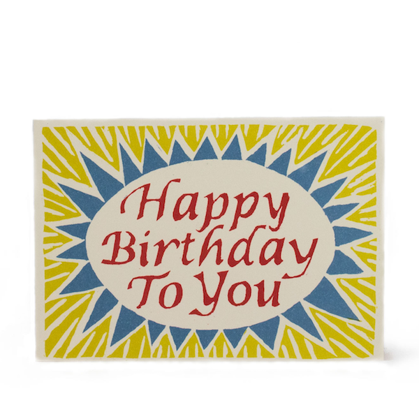 A non-gender specific Red &amp; Yellow Happy Birthday to You Card from Cambridge Imprint with blank inside.