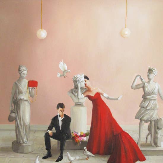A painting by Janet Hill, titled &quot;The Kidnapping of Edward Pink Part 20 Small Art Print,&quot; of a woman in a red dress kissing a man on the cheek, surrounded by classical statues and doves, in a room with pink walls and pendant lights, rendered