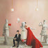 A painting by Janet Hill, titled "The Kidnapping of Edward Pink Part 20 Small Art Print," of a woman in a red dress kissing a man on the cheek, surrounded by classical statues and doves, in a room with pink walls and pendant lights, rendered