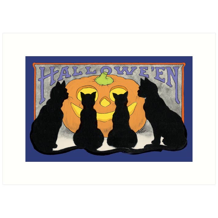 Four black cats sitting around a carved pumpkin with the word &quot;halloween&quot; above it, printed on Lucca Paperworks&