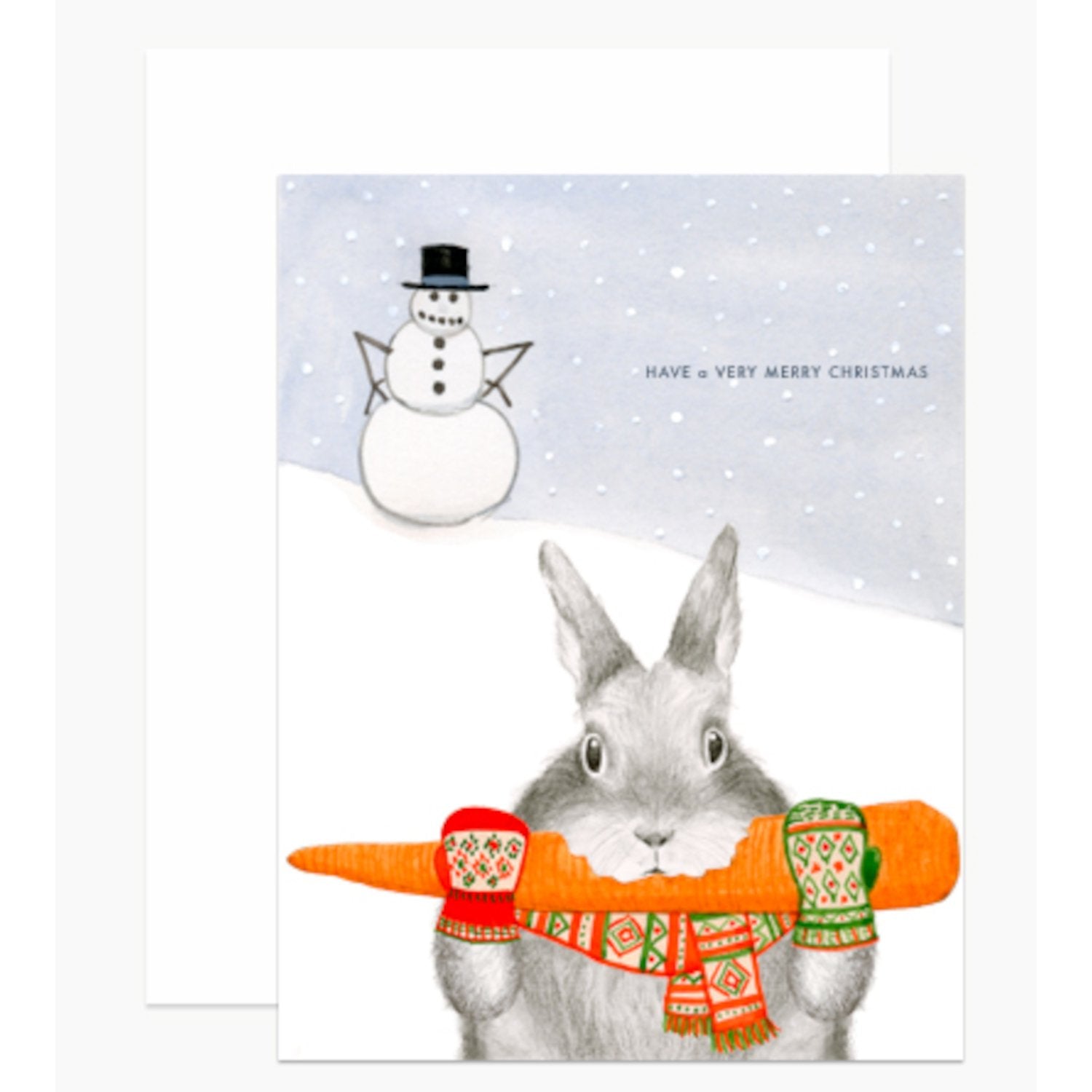 A Bunny Stealing a Carrot Set of 6 Cards from Dear Hancock featuring a drawing of a rabbit holding a carrot with a snowman in the background and the text &quot;have a very merry Christmas.