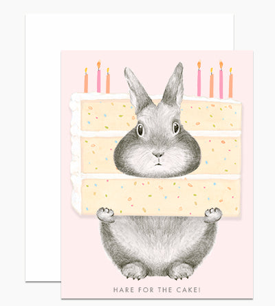 A graphite Hare for the Cake card by Dear Hancock with the bunny holding a birthday cake and saying make for the cake.
