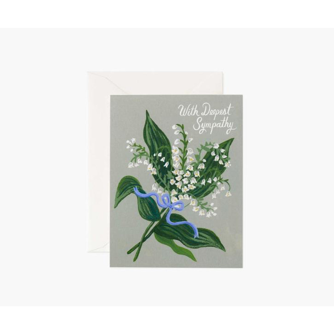 A Lily of the Valley Sympathy Card by Rifle Paper Co. with a floral design and the words &quot;with deepest sympathy&quot; displayed on a gray background, made in the USA, with an accompanying envelope.
