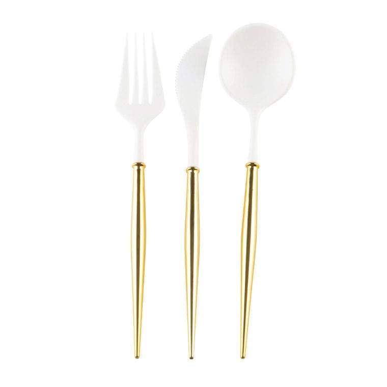 Three Sophistiplate White/Gold Cutlery Sets on a white background.