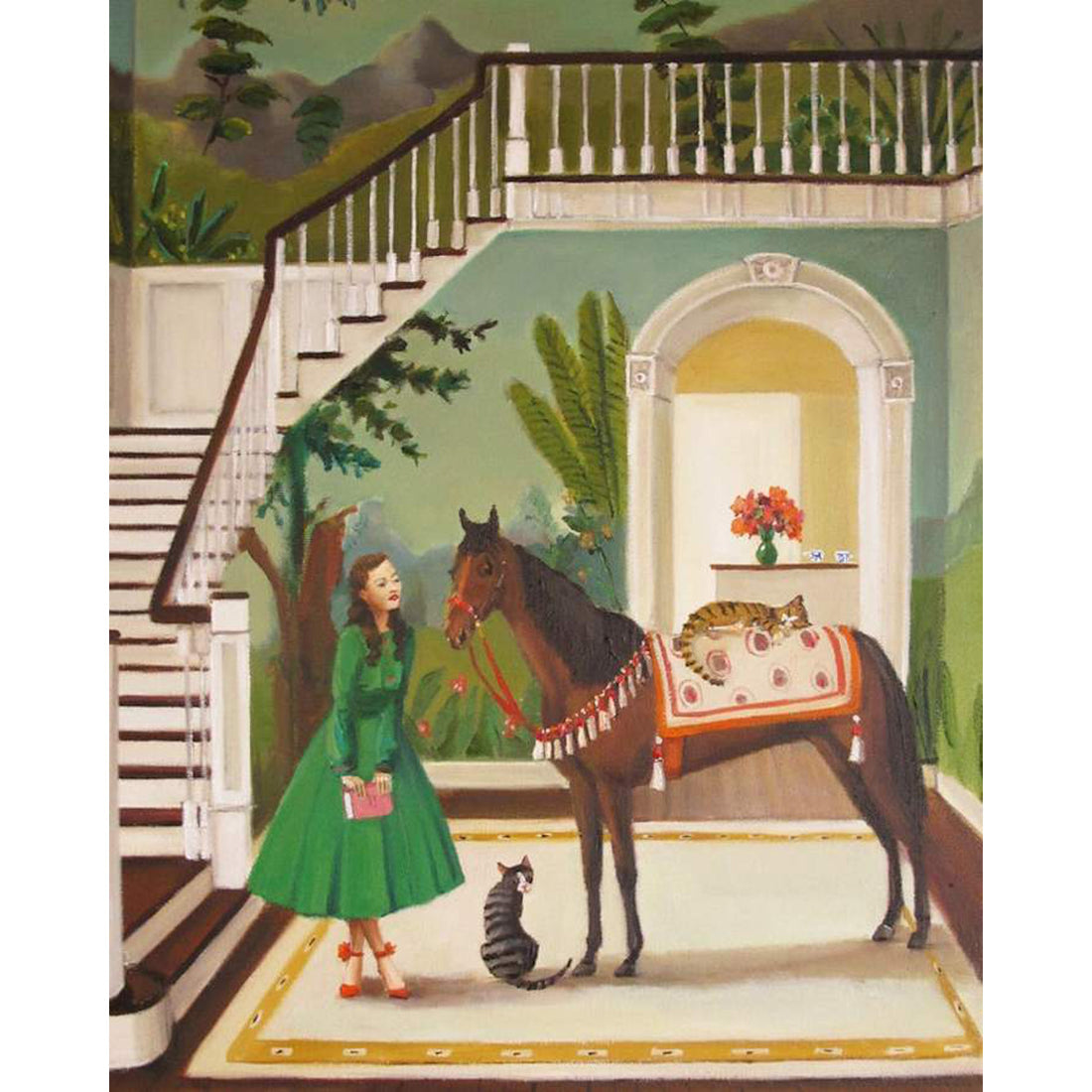 A painterly illustrated scene inside the mural-painted foyer of a home, where a woman in a green dress stands with a brown horse and two cats.