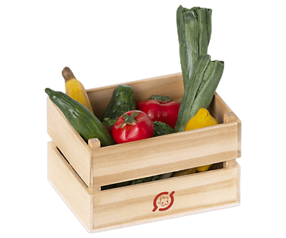 A wooden crate full of Maileg Mini Fruits &amp; Vegetables.