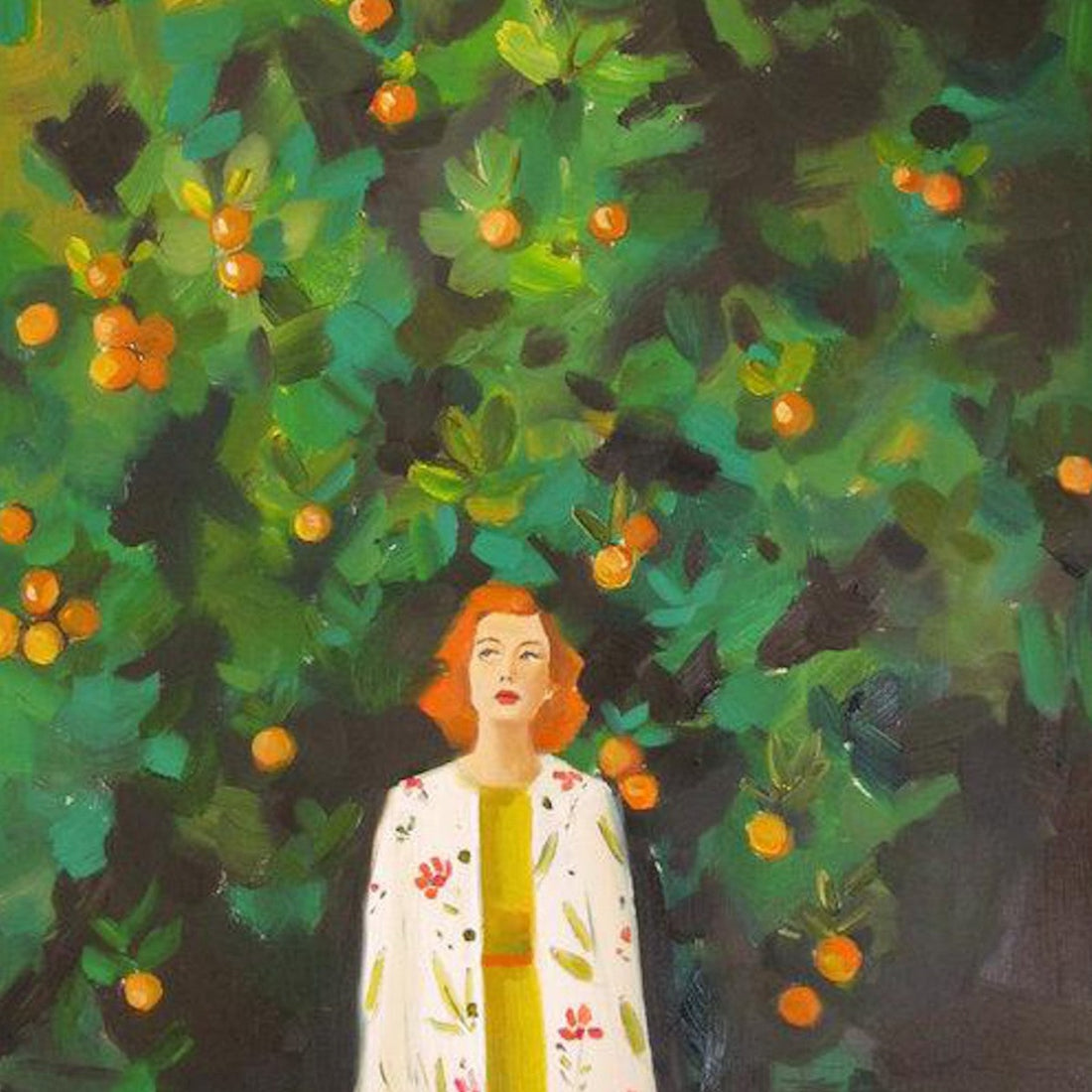 Janet Hill, a fine artist known for her unique painting style, captures the essence of a woman standing gracefully amidst vibrant orange trees in her Lost in Miami Small Art Print.