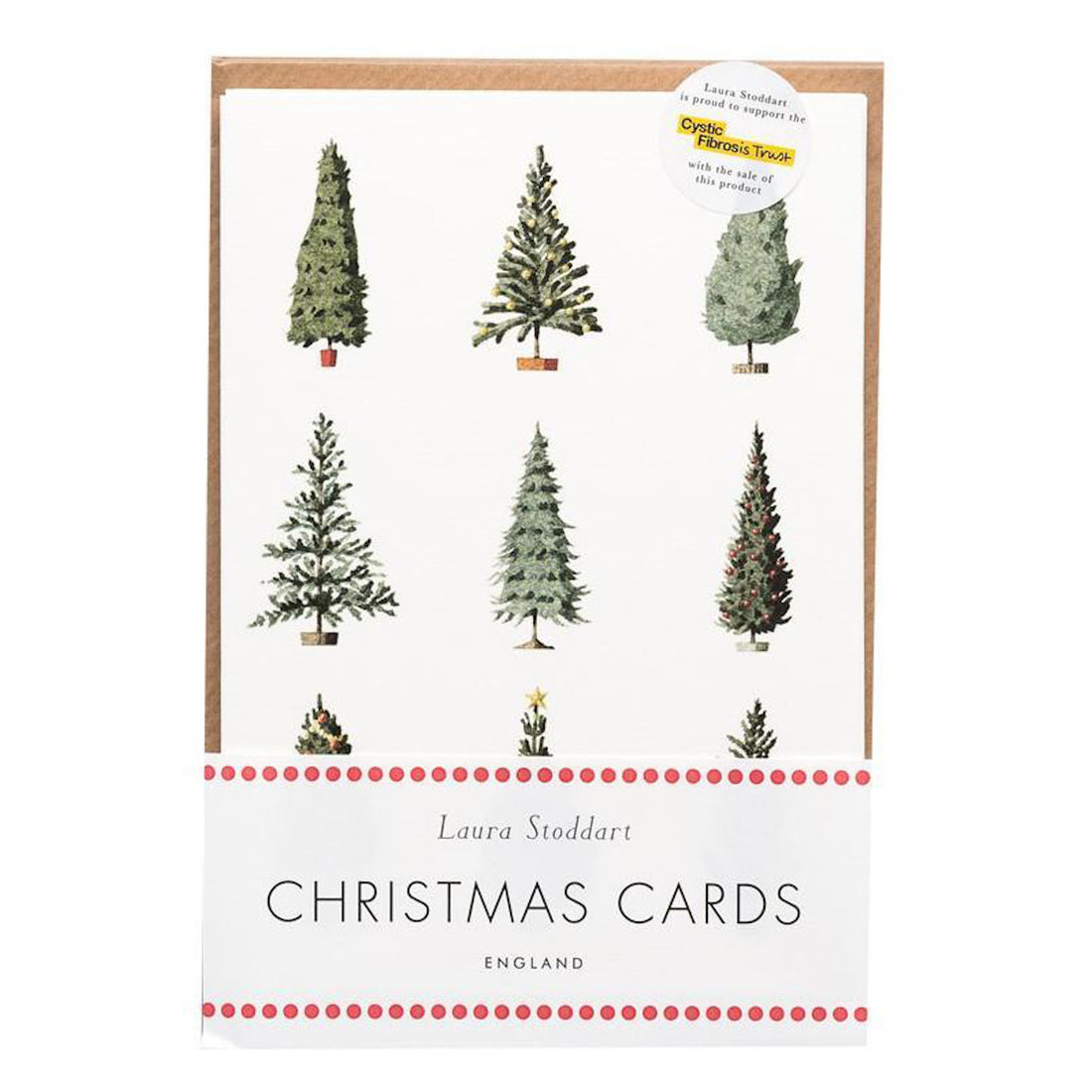 The Christmas Tree Card Set of 10 in retail packaging, showing the card design behind a white and red belly band that reads &quot;Laura Stoddart CHRISTMAS CARDS, England&quot;.