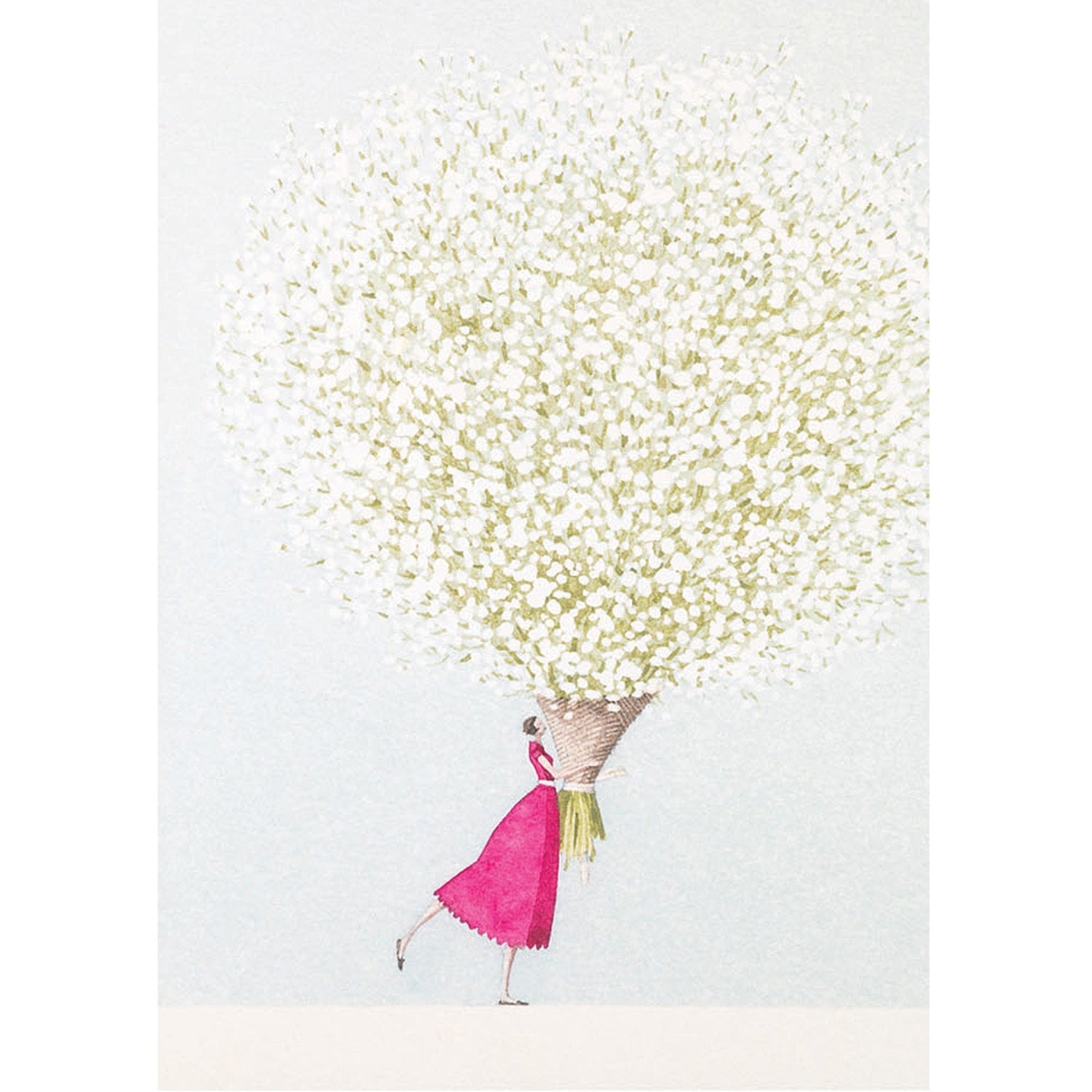 A woman carrying a gigantic bouquet of white baby&