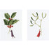 Illustration of two miniature figures dressed in winter clothes hanging from a sprig of holly and a stem of mistletoe, perfect for botanical-themed A6 size Christmas cards, like the Hester & Cook Holly & Mistletoe Card Set of 10.