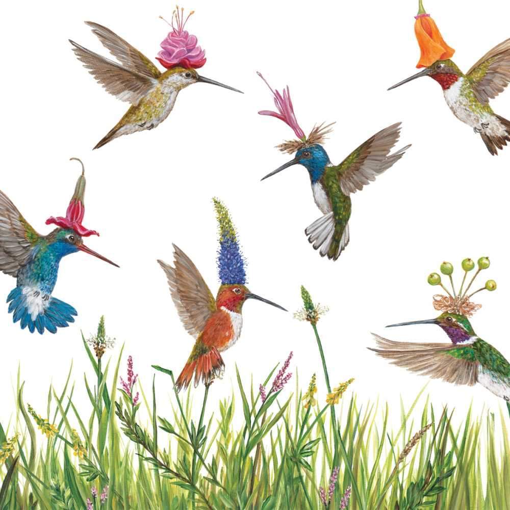 A group of hummingbirds, as captured in a Paper Products Design Meadow Buzz Beverage Napkins illustration, flying in the air.