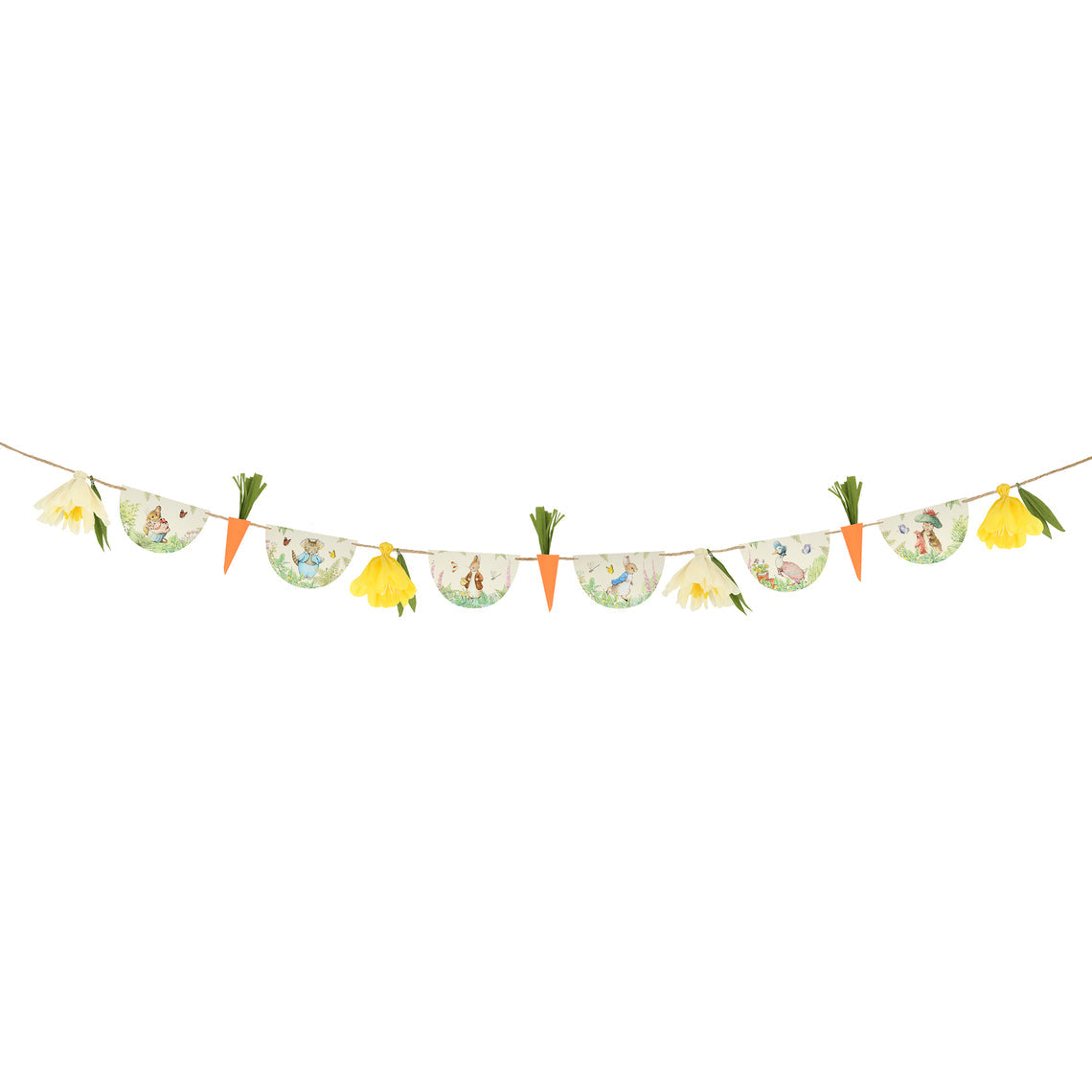 An Easter garland with Peter Rabbit in the Garden Garlands hanging as a bunny bunting. (by Meri Meri)