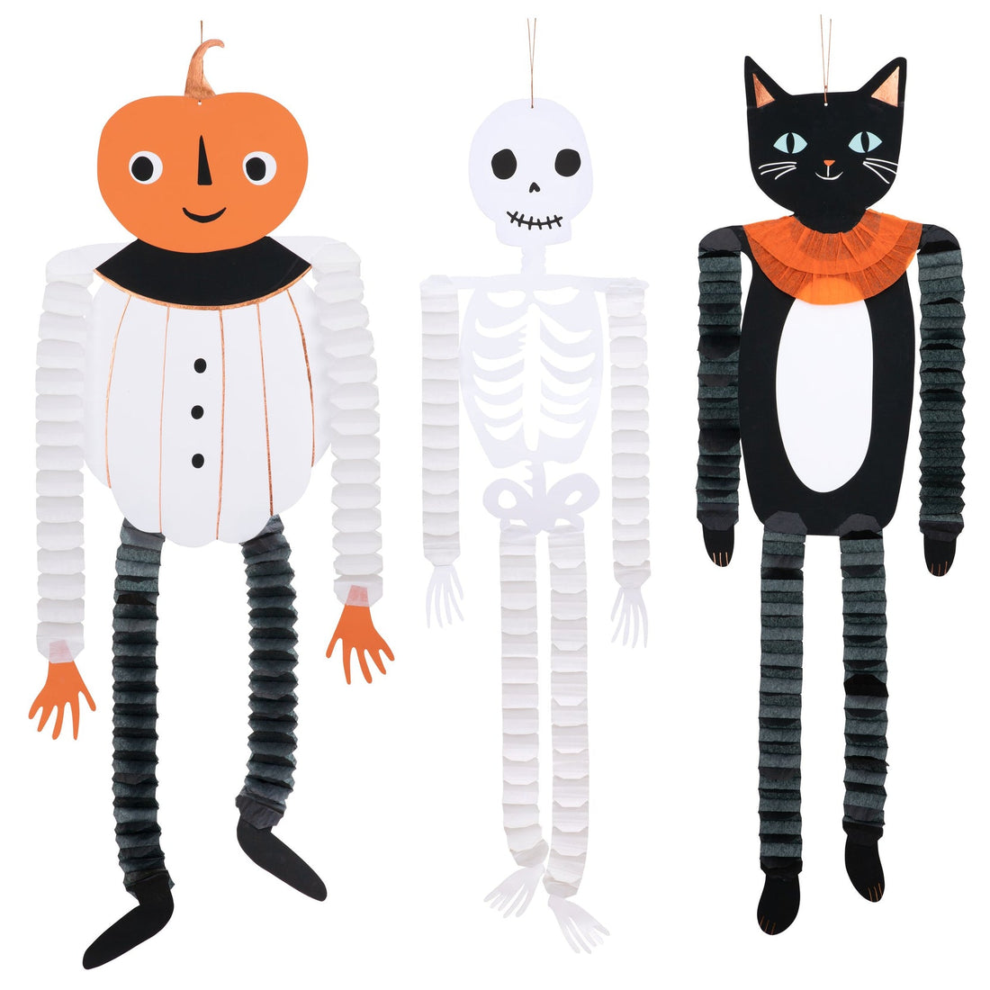 3 happy Halloween icons - a skeleton, black cat and pumpkin - with amusing dangling honeycomb legs and arms