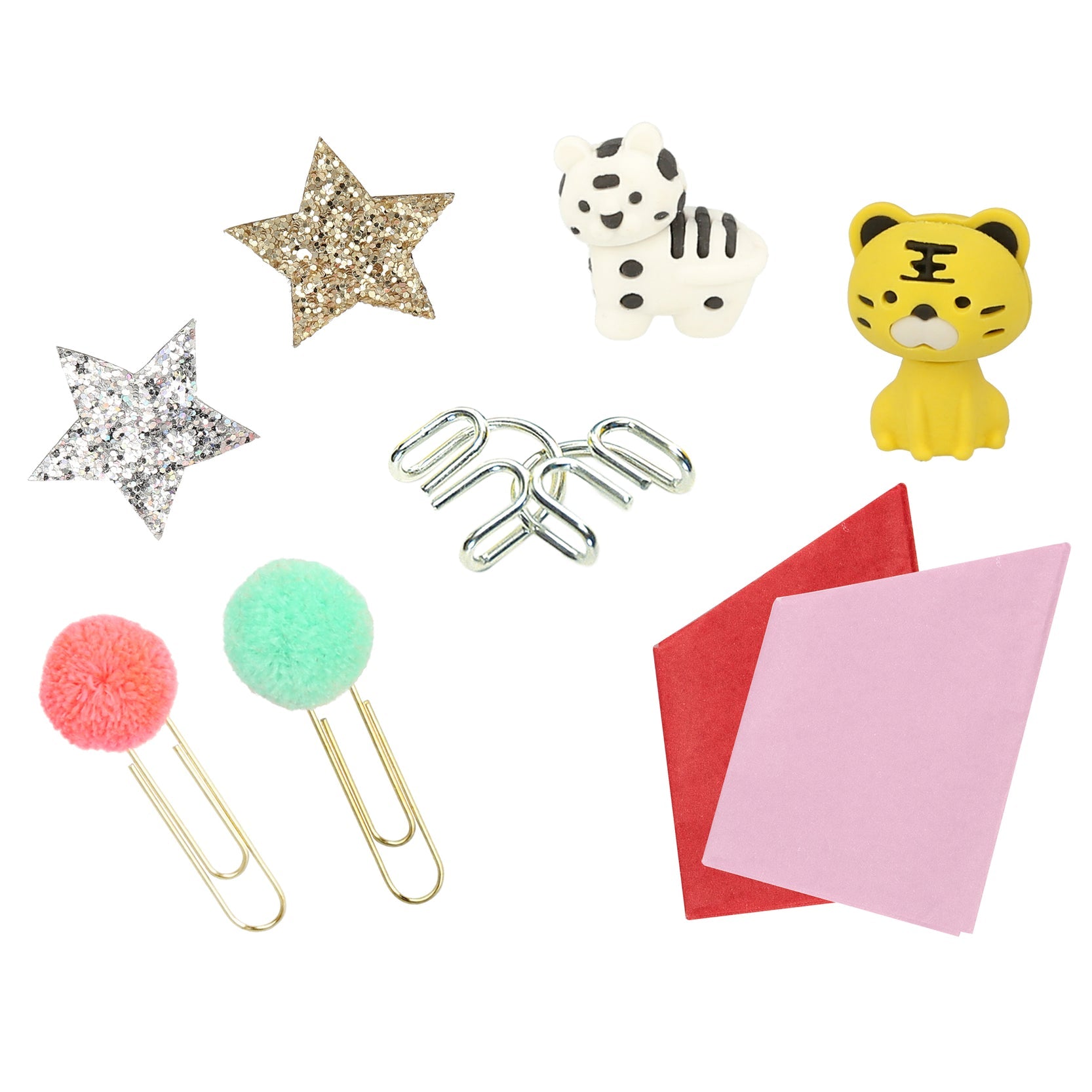 The Candy Cane Shaped Crackers gift including tiger erasers, gold and silver star brooches, mint and coral paper clips or a metal puzzle.