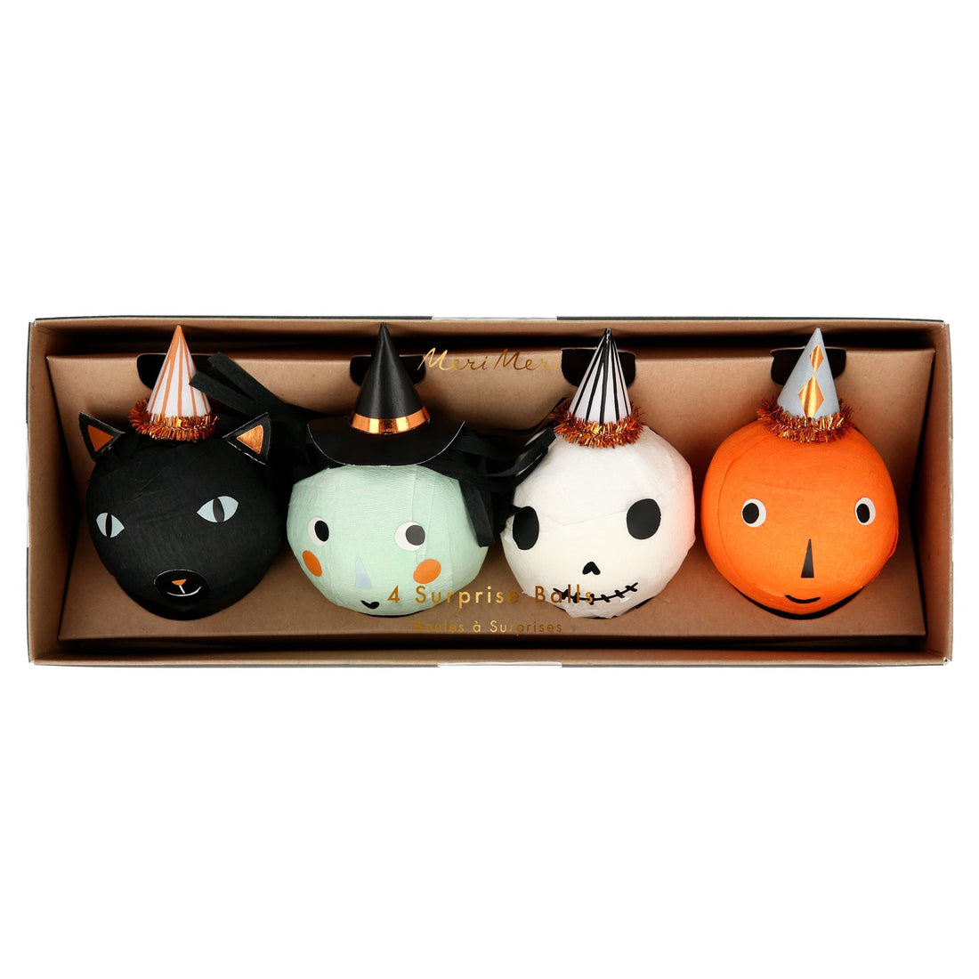 package with a witch, skull, black cat and pumpkin surprise balls, all with charming little hats with copper foil detail