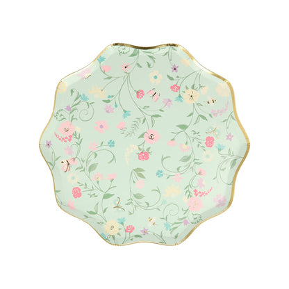 A Meri Meri laduree floral plate with green and pink hues, adorned with delicate gold trim.