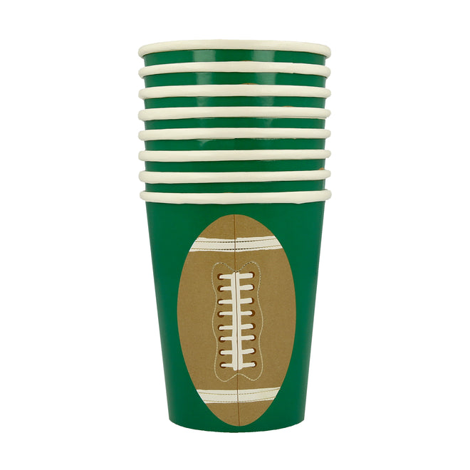 A set of Meri Meri green and brown Football Cups, perfect for birthday parties.