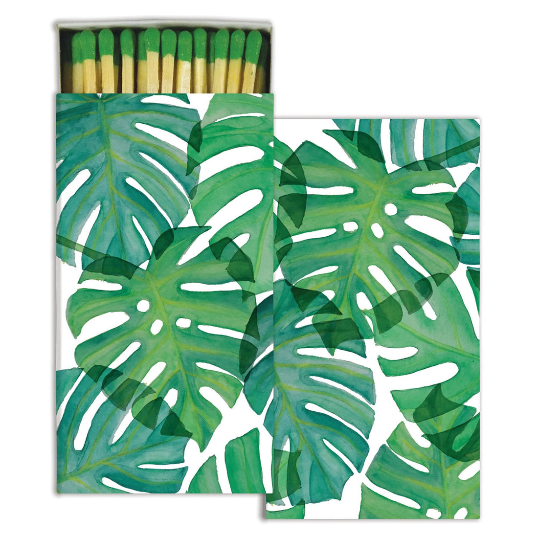 Illustrated HomArt Tropical Matches matchbox cover featuring tropical birds and palm trees.