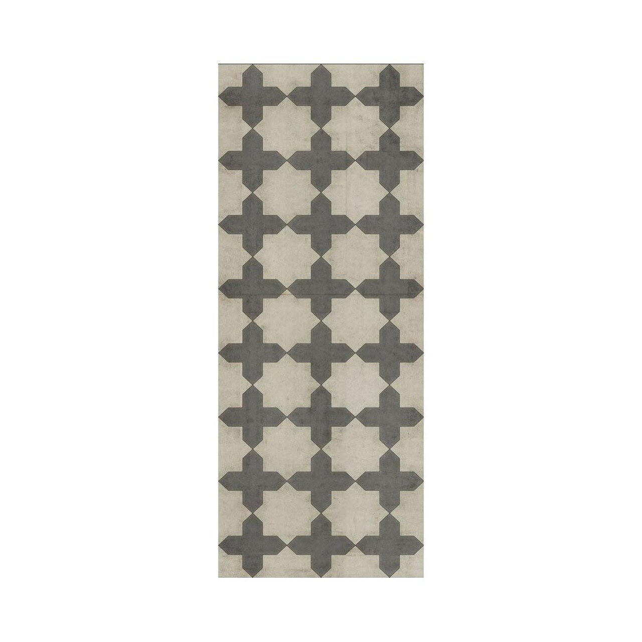 A grey and white Simple as Doves Vinyl Rug - Pattern 23 from Spicher and Company, with a geometric design, combining colors and style.