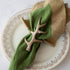 A napkin ring featuring an antler design, placed on a white plate with a green napkin inserted.