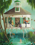 A painting by Janet Hill, a Canadian fine artist, of A Dive Bar Called Leggy Shoals Small Art Print with people on it.