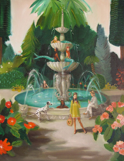 A painting by Janet Hill, a Canadian fine artist, of two women and a dalmatian dog by a garden fountain surrounded by lush greenery and vibrant flowers, created using Epson Ultrachrome archival inks.