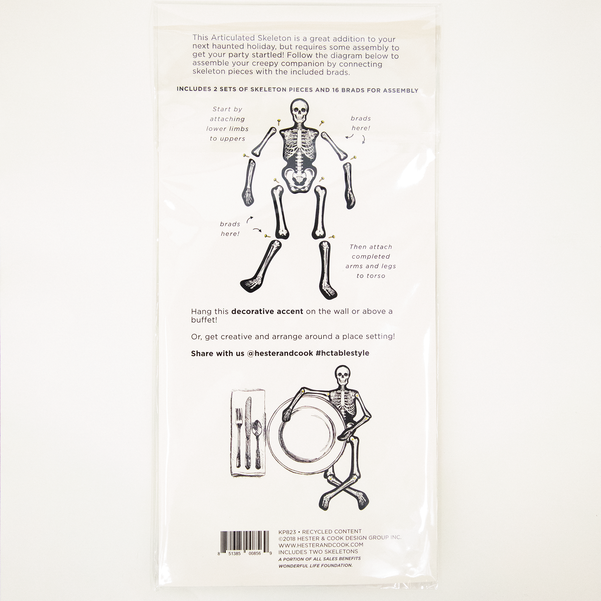 The back side of the Articulated Skeleton Decorative Accent, which includes instructions for how to assemble the skeleton and suggestions for use.