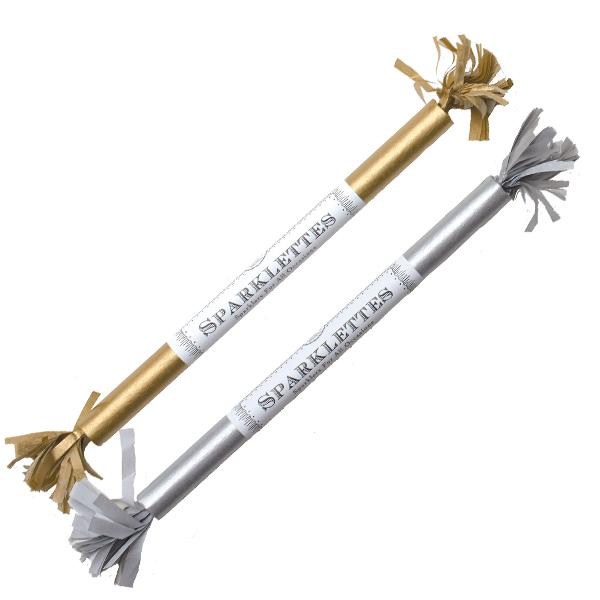 Two crossed Sparklettes 8" party sparklers with gold and silver detailing from Tops Malibu.