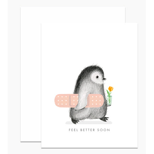 A greeting card featuring a graphite penguin with a hand painted band-aid holding a flower, with the text &
