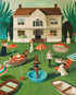 A surreal painting by Janet Hill, depicting a Victorian-style house with various people engaged in leisurely activities on a grassy lawn, complete with boats, a wading pool, and colorful umbrellas, titled "Suburban Riviera Small Art Print".