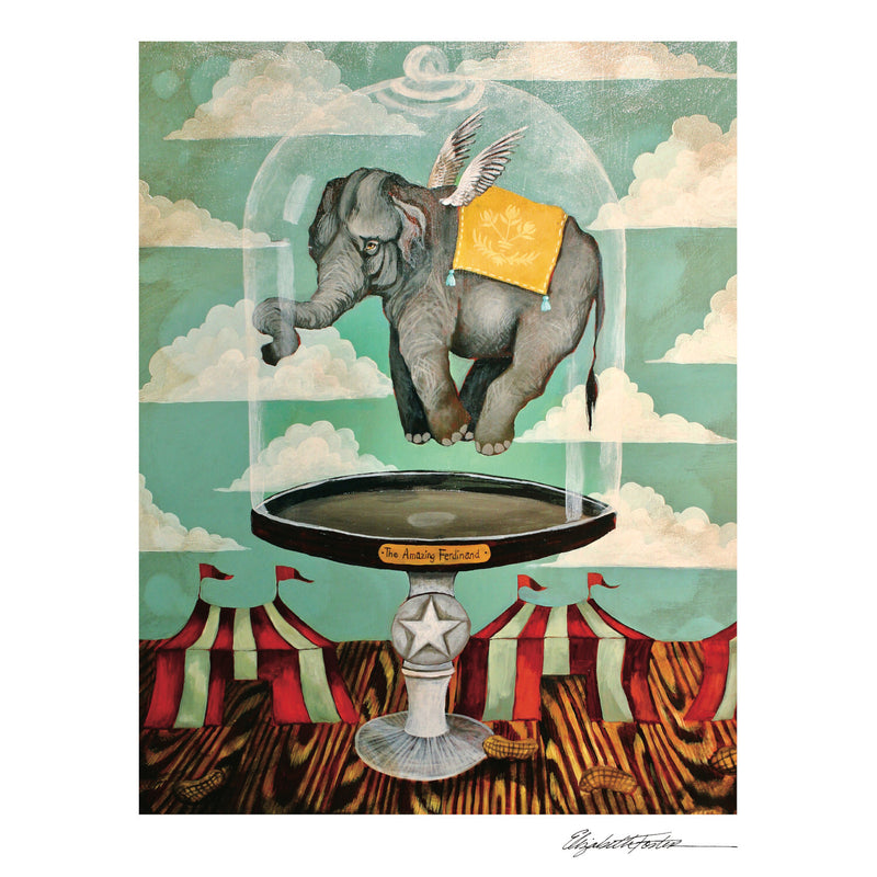A fine quality Hester &amp; Cook Amazing Ferdinand Art Print, showcasing an exquisite elephant enclosed in a delicate glass dome on 100% cotton paper.