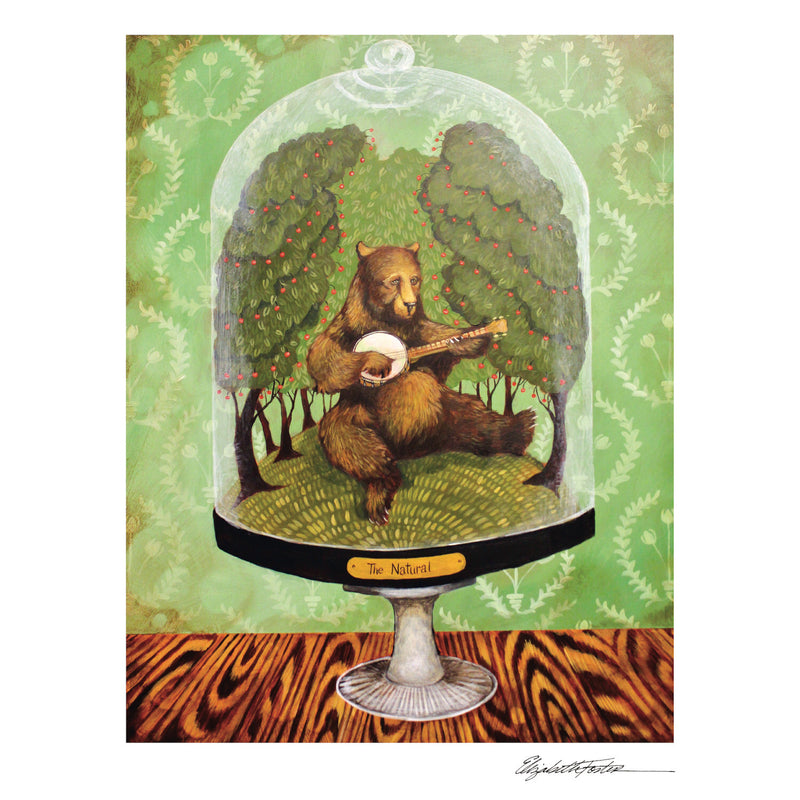 Illustration of a bear playing a violin under a glass dome, printed on cotton paper, titled &quot;The Natural&quot; can be found in The Natural Art Print by Hester &amp; Cook.